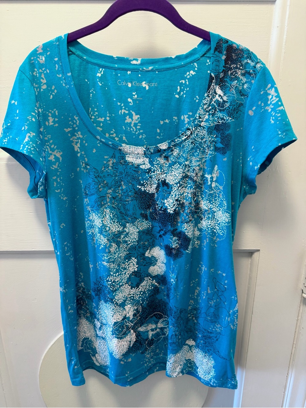 Calvin Klein Teal Floral Scoop Neck Short Sleeve Tee